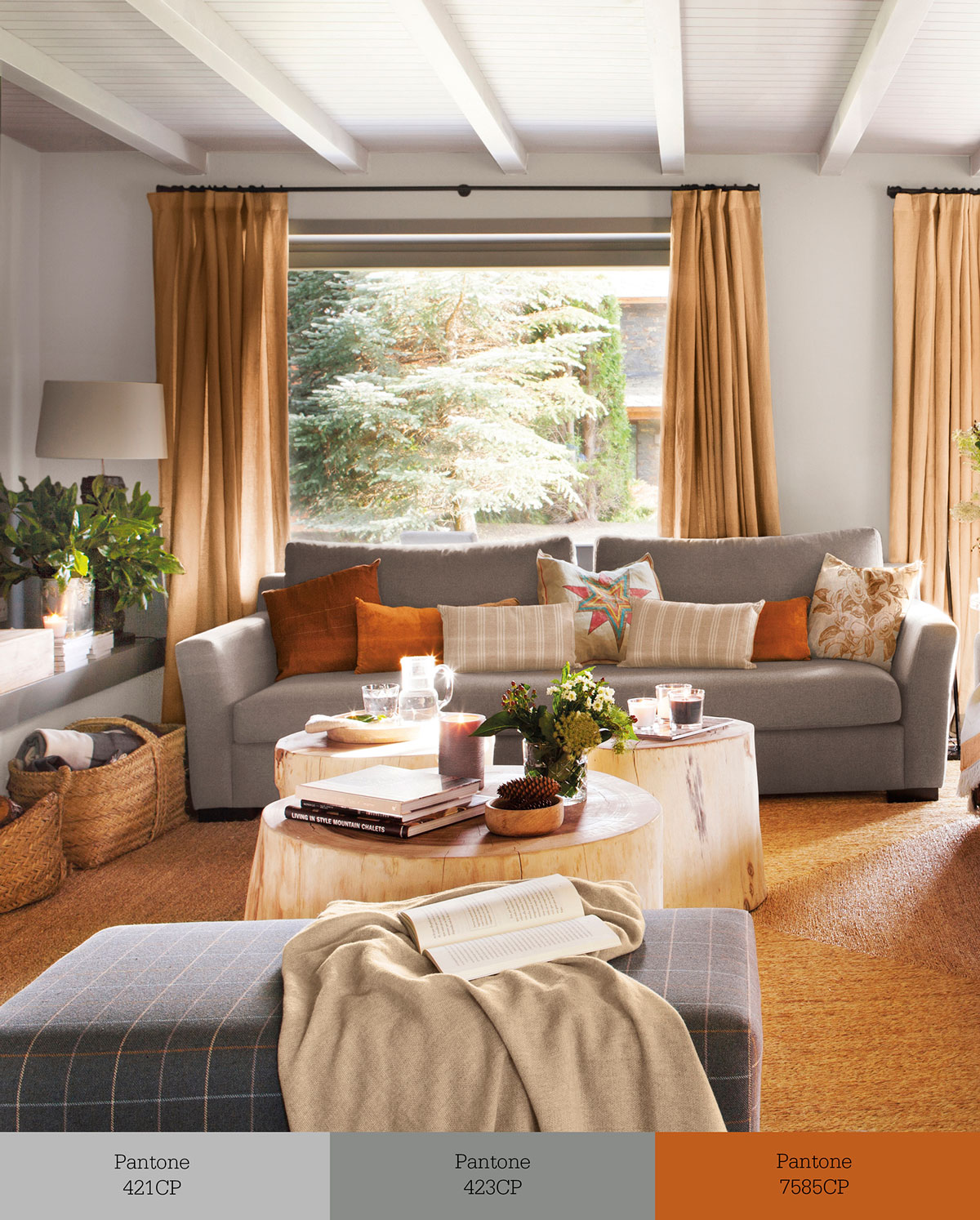Salón con sofá gris y textiles en color caldero. 