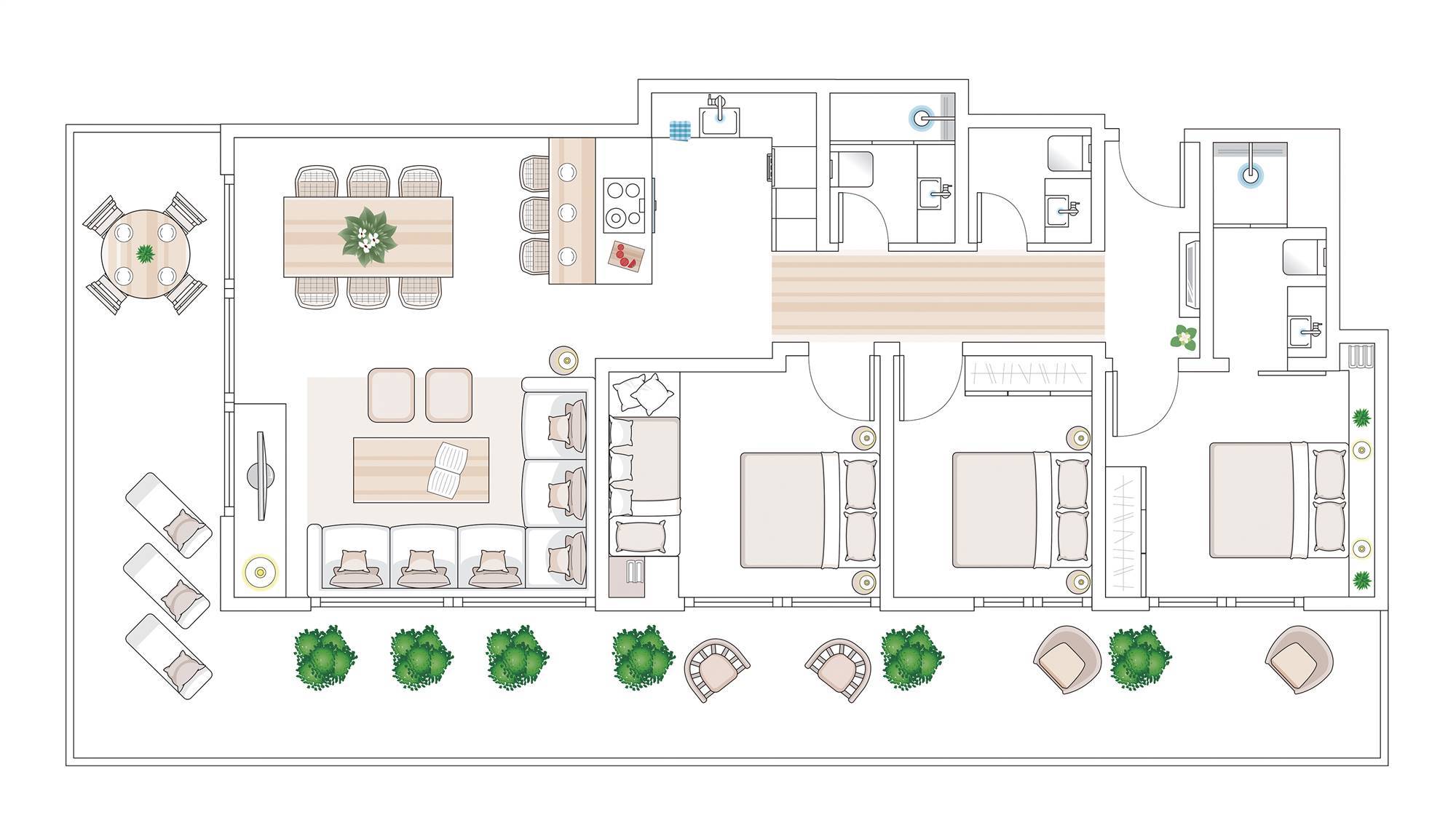 Plano de un apartamento de playa de 60 metros cuadrados. 