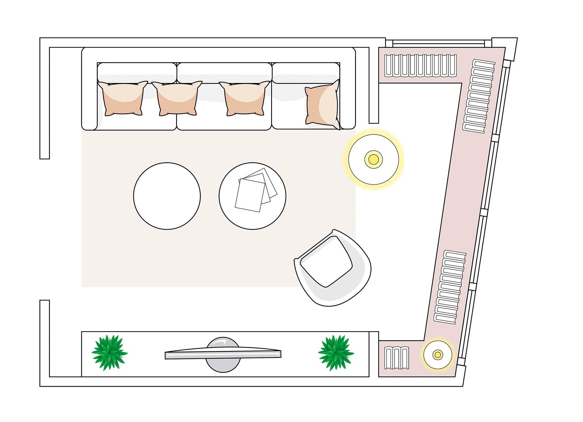 Plano de salón con terraza integrada.