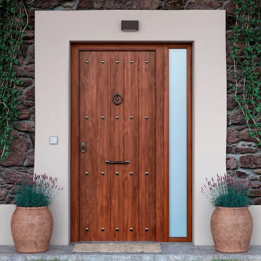 Puerta de entrada acorazada rústica nogal derecha de Leroy Merlin