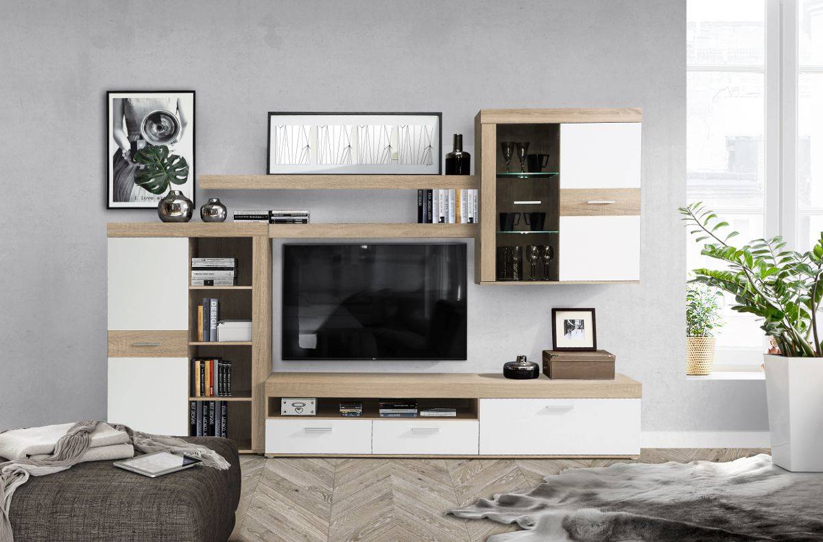 Mueble de TV compacto modelo Akron de roble y blanco de Conforama. 