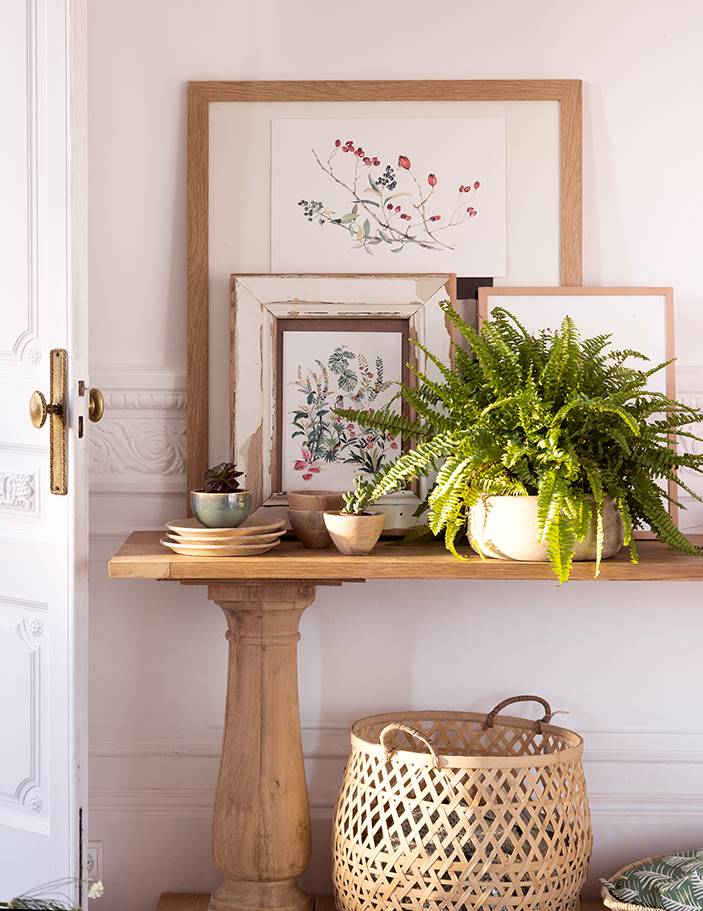 Recibidor con consola de madera decorada con cuadros y plantas. 