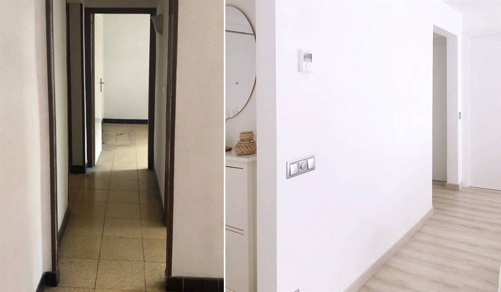 Antes y después del pasillo de la casa de la influencer de decoración @decomyb