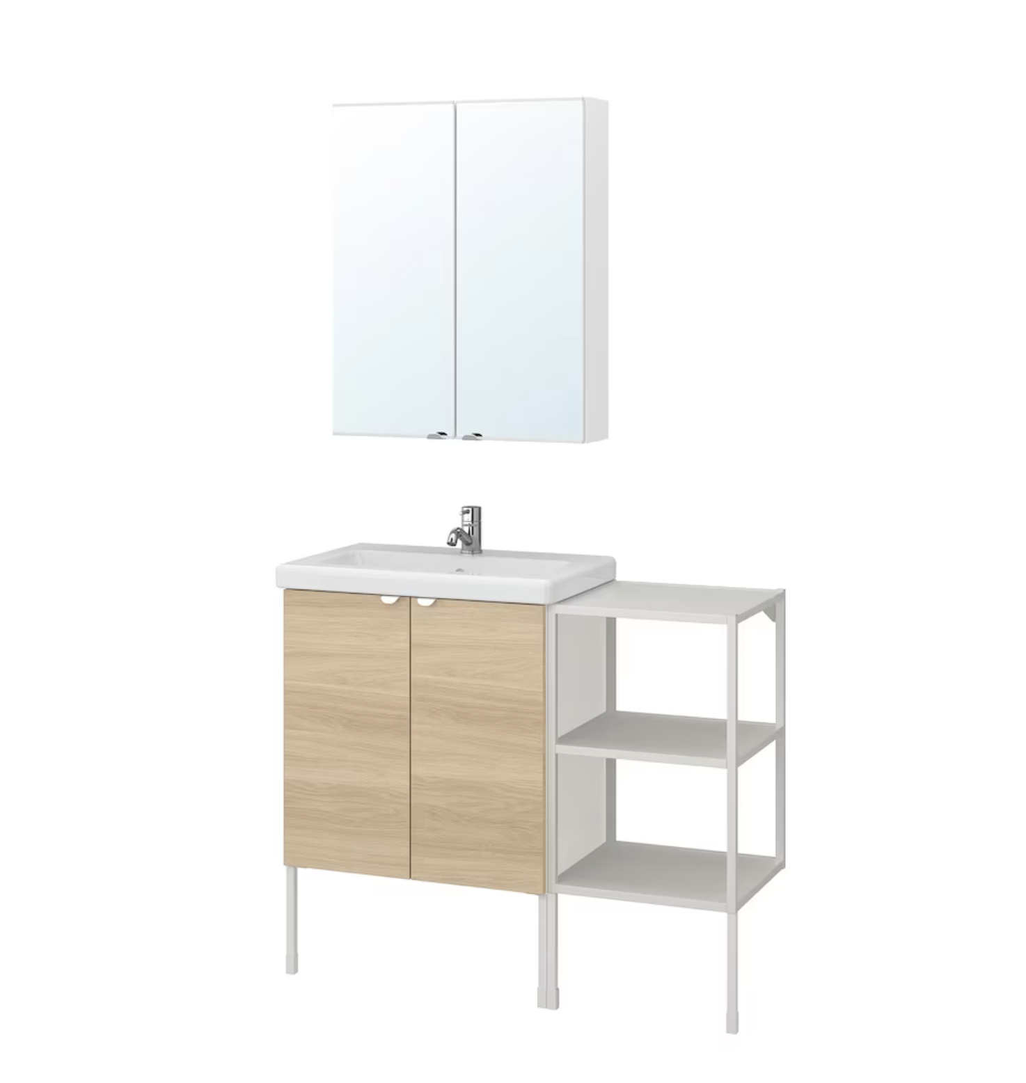 Mueble para baño pequeño en blanco y roble ENHET y TVÄLLEN de IKEA.