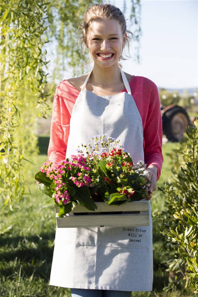 mujer con una caja con plantas de kalanchoe en flor 00479095 O