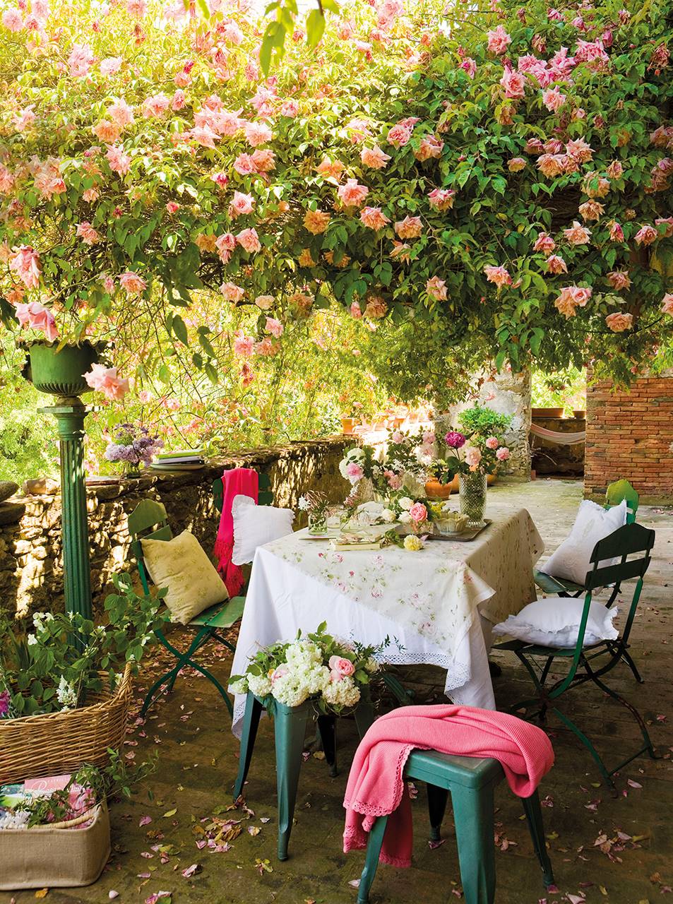 Plantas trepadoras y enredaderas: un porche cubierto por un rosal trepador con flor rosa