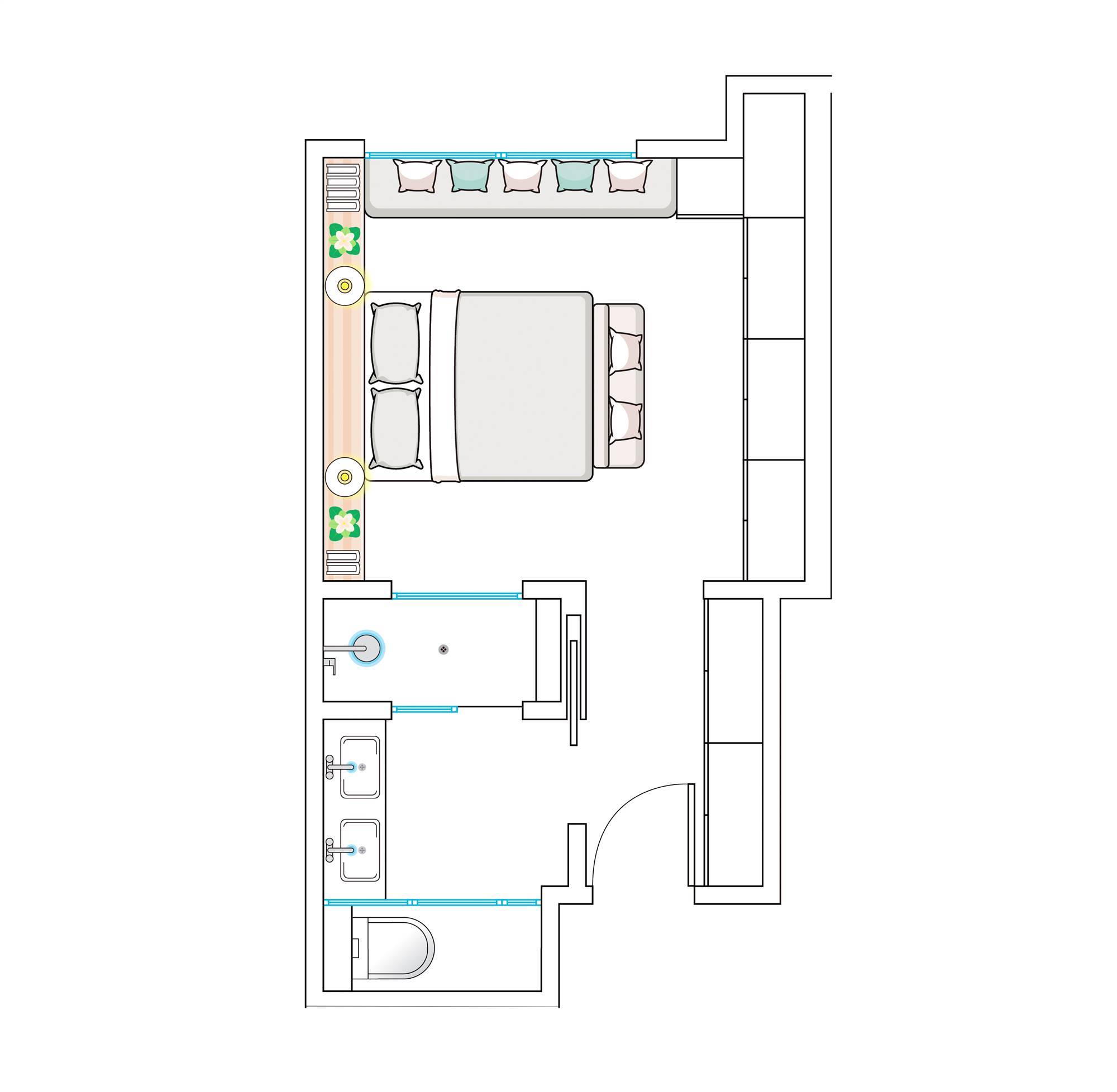 Plano de dormitorio con baño en suite separados por una mampara fija.