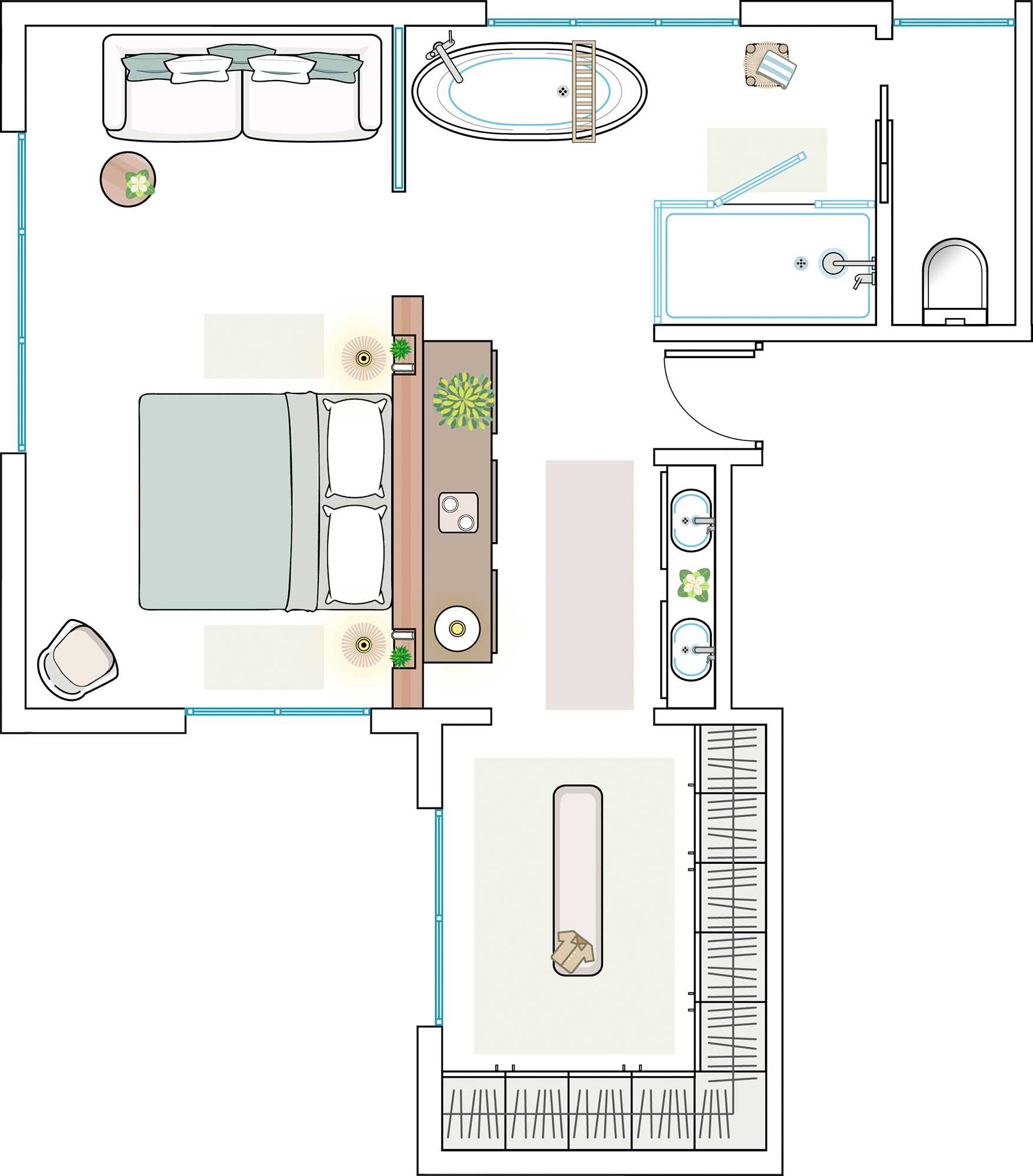 Plano del dormitorio en suite con baño y vestidor. 