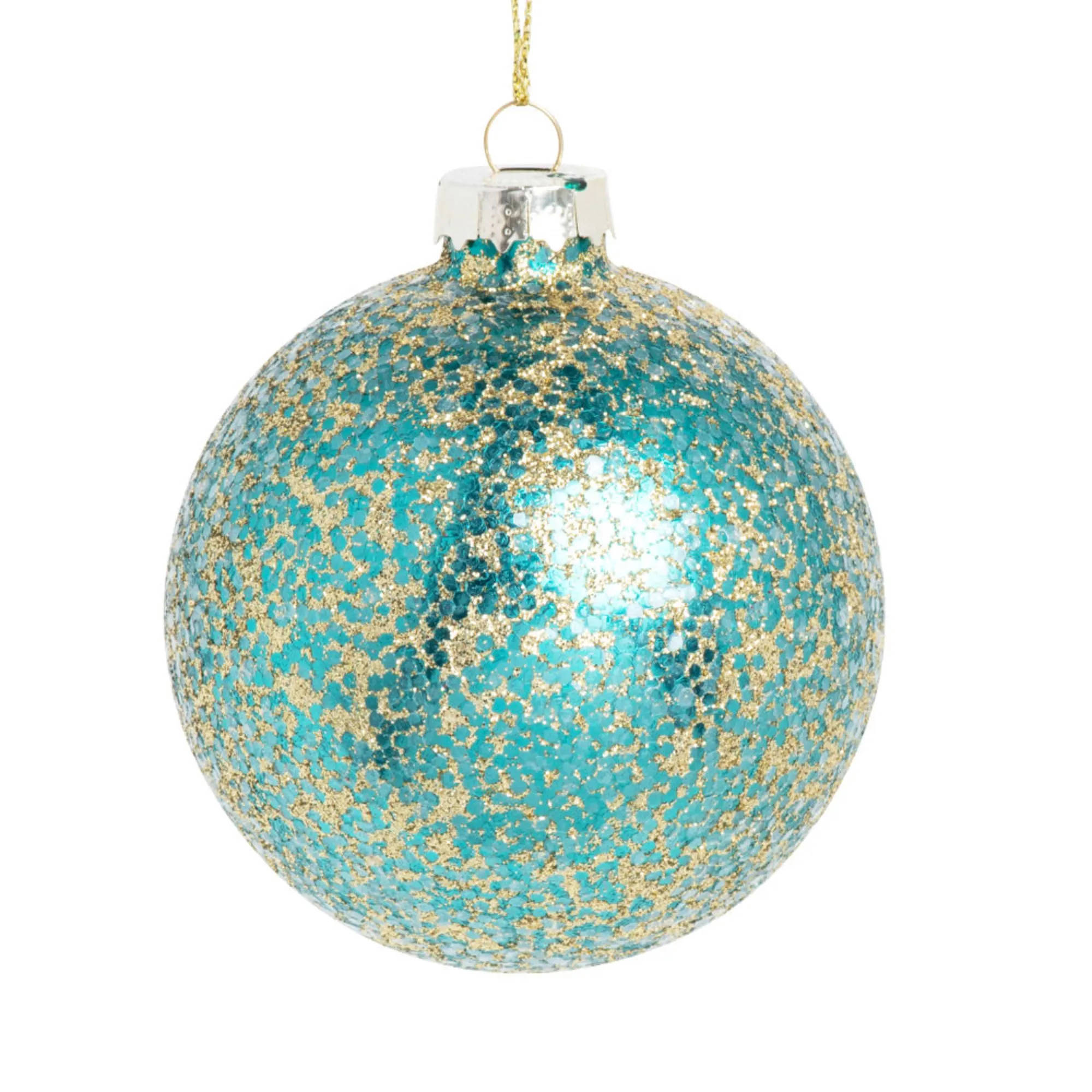 Bola de Navidad de cristal con purpurina azul turquesa y dorado de Maisons du Monde.