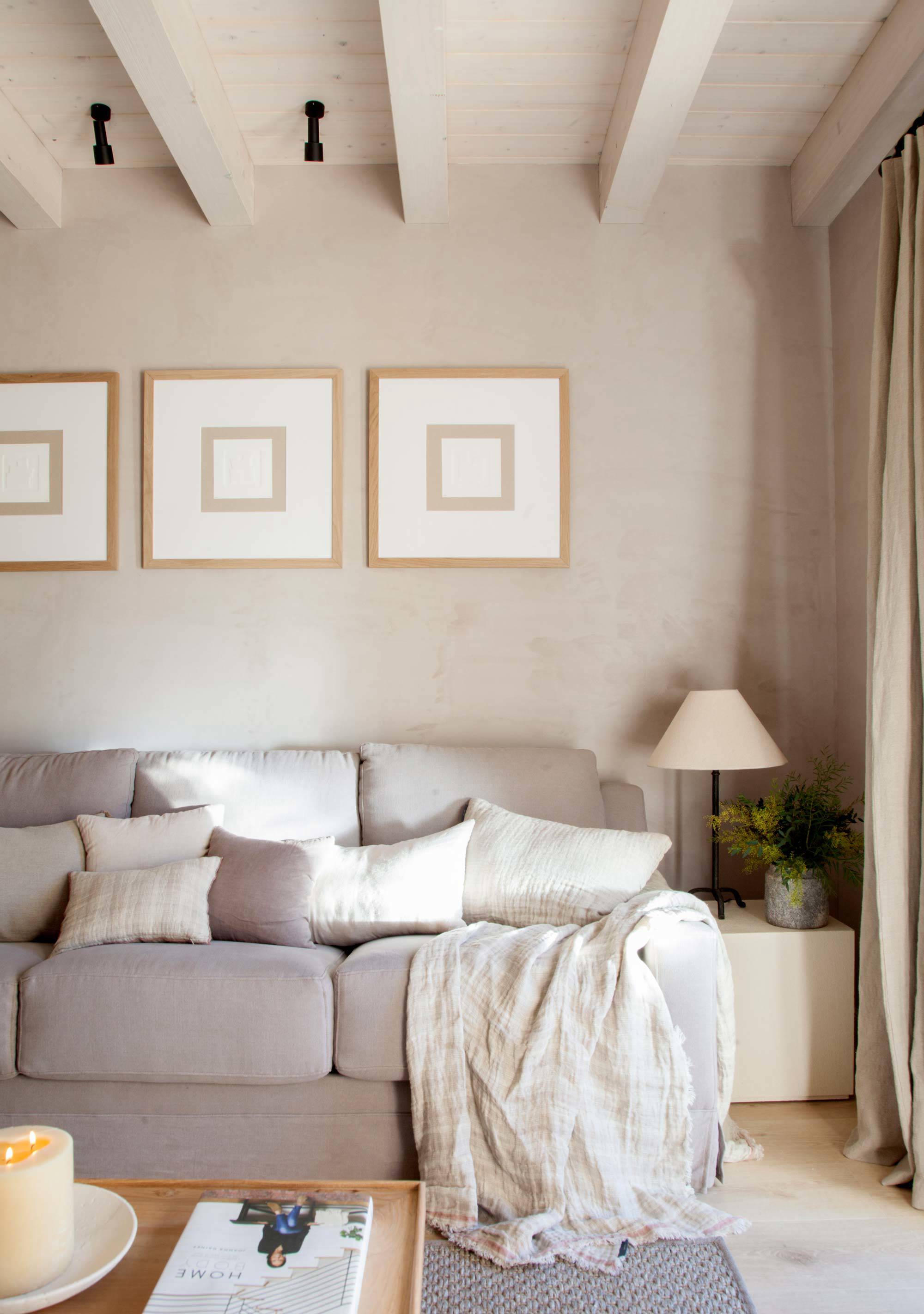 Salón pintado en topo con sofá en un tono más subido