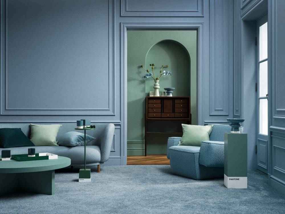 Salón decorado con la paleta de colores de Calm & Soothing de H&M HOME y PANTONE.
