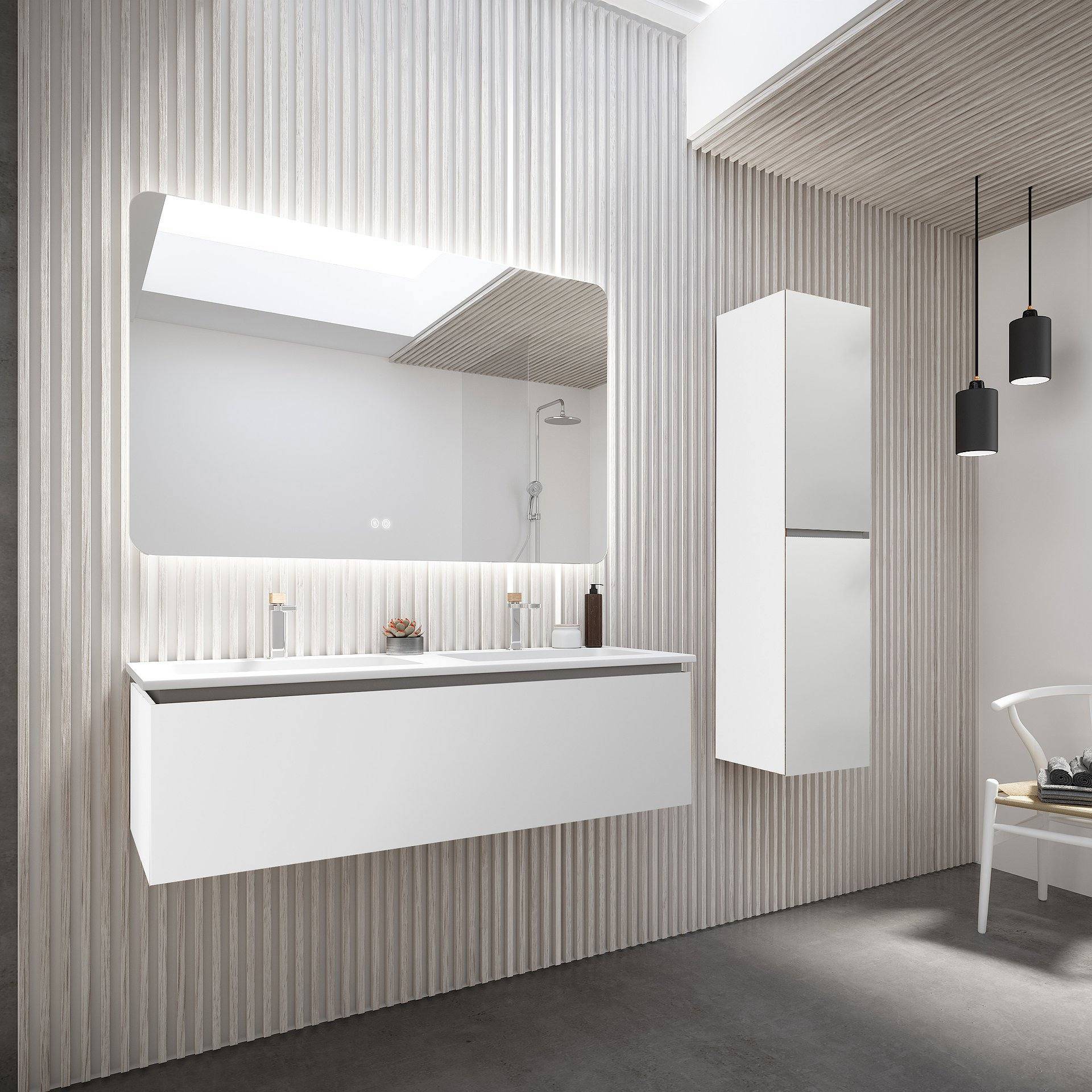 Mueble de baño moderno en blanco con gran cajón suspendido modelo Sigma de Todomueblesdebaño. 