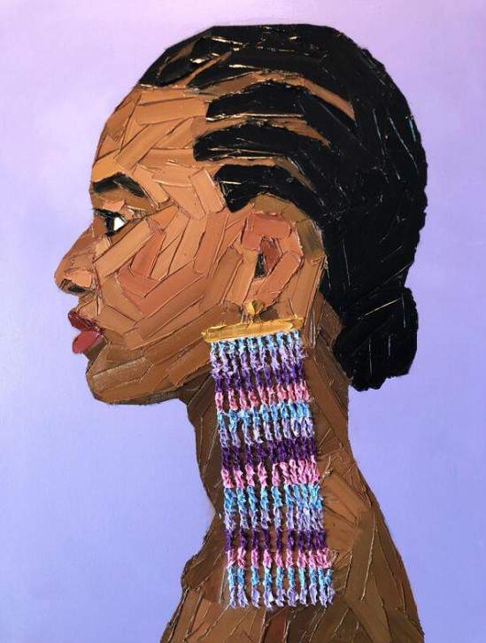 Un cuadro pintado con trazos gruesos de una mujer con un pendiente.