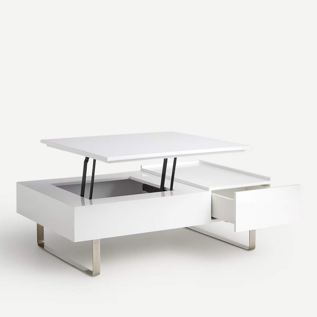 Una mesa de centro elevable de color blanco.