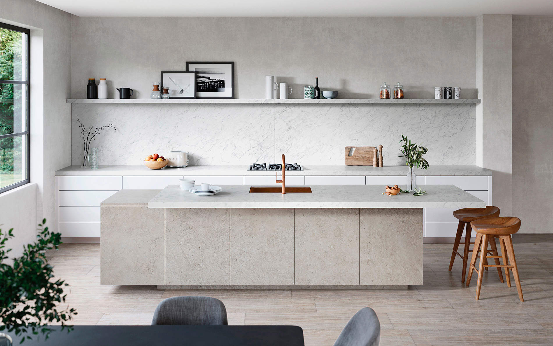 cocina-blanca-moderna-con-azulejos-efecto-marmol-carrara-white