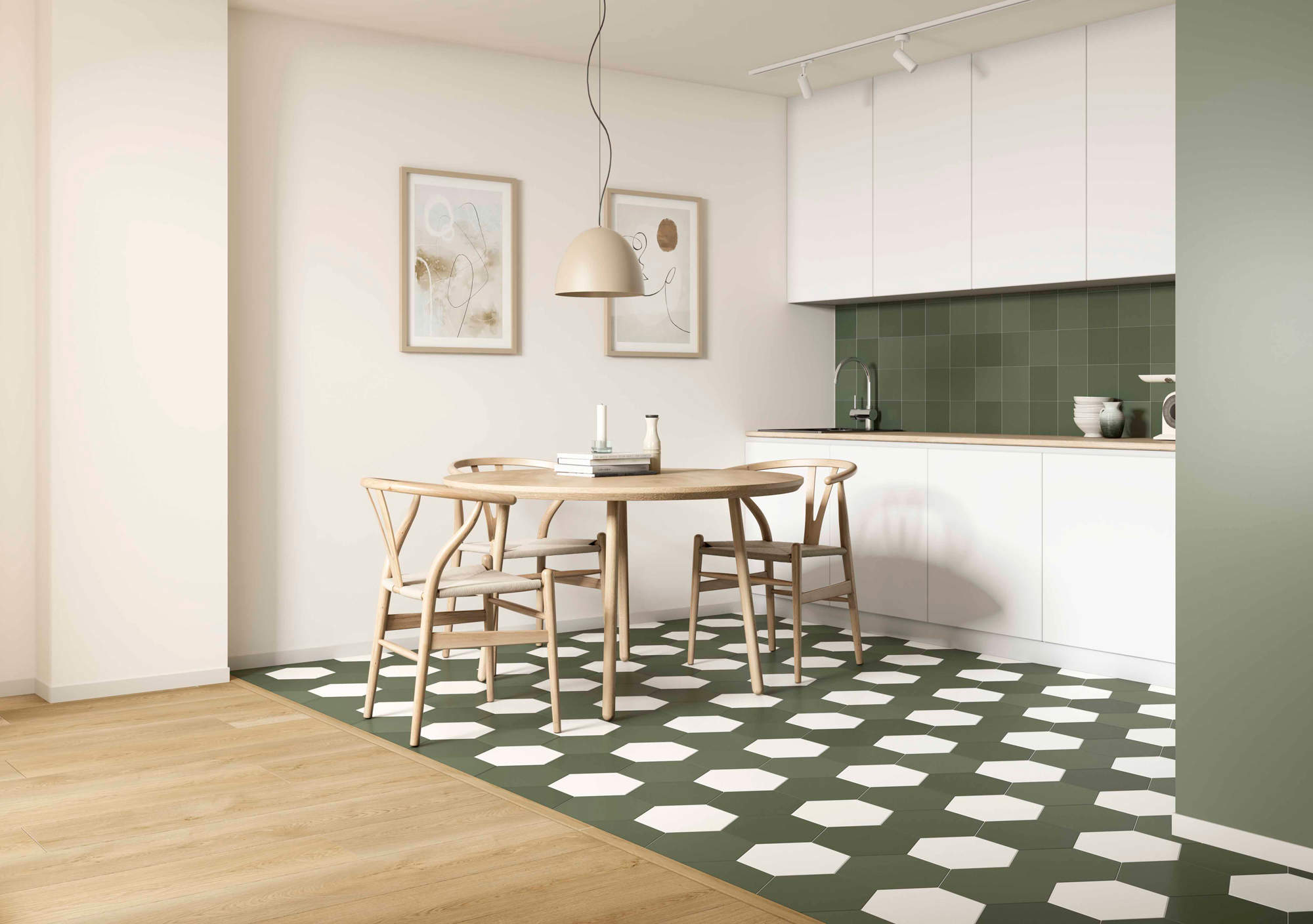 Cocina con muebles blancos y azulejos de color verde en suelo y pared.