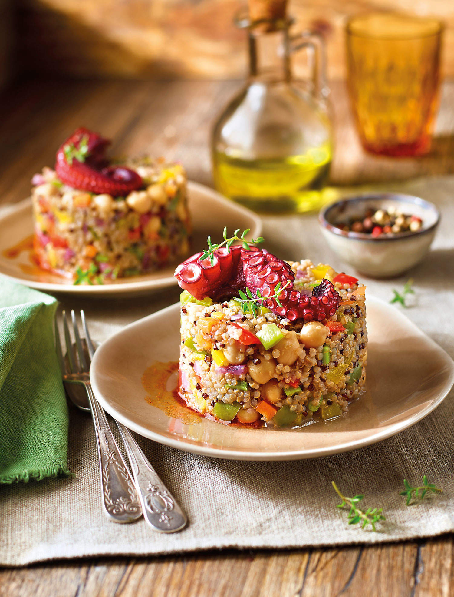 Recetas con quinoa: timbal de quinoa con garbanzos y pulpo.