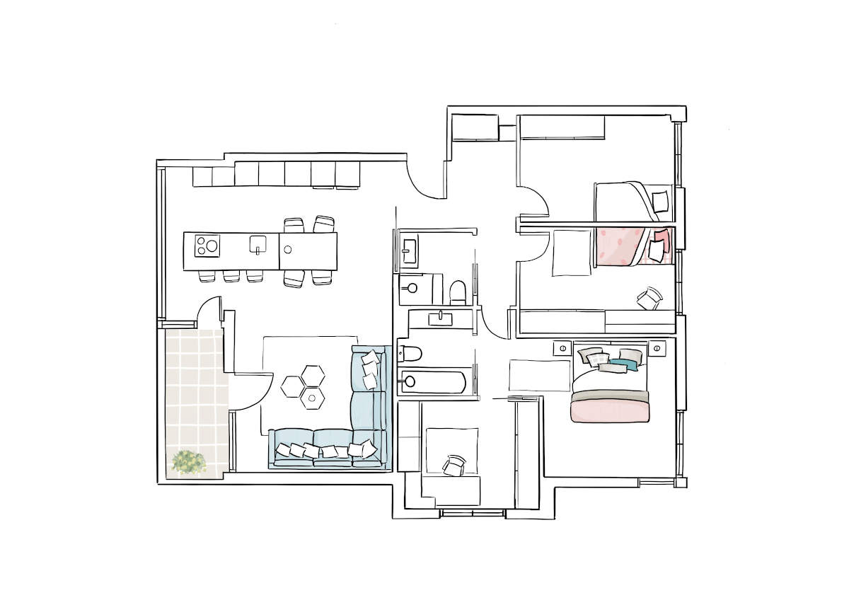 Un plano de un salón pequeño con la cocina integrada.