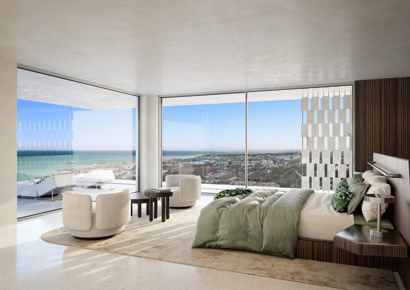 Dormitorio con vistas al mar de los apartamentos de Design Hills