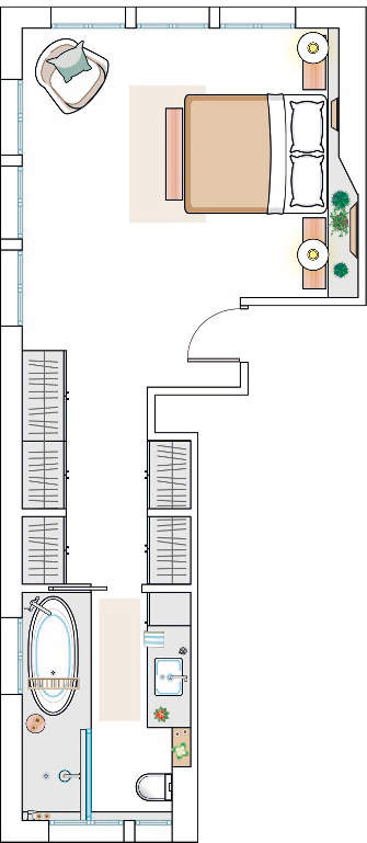 plano de dormitorio con vestidor y baño