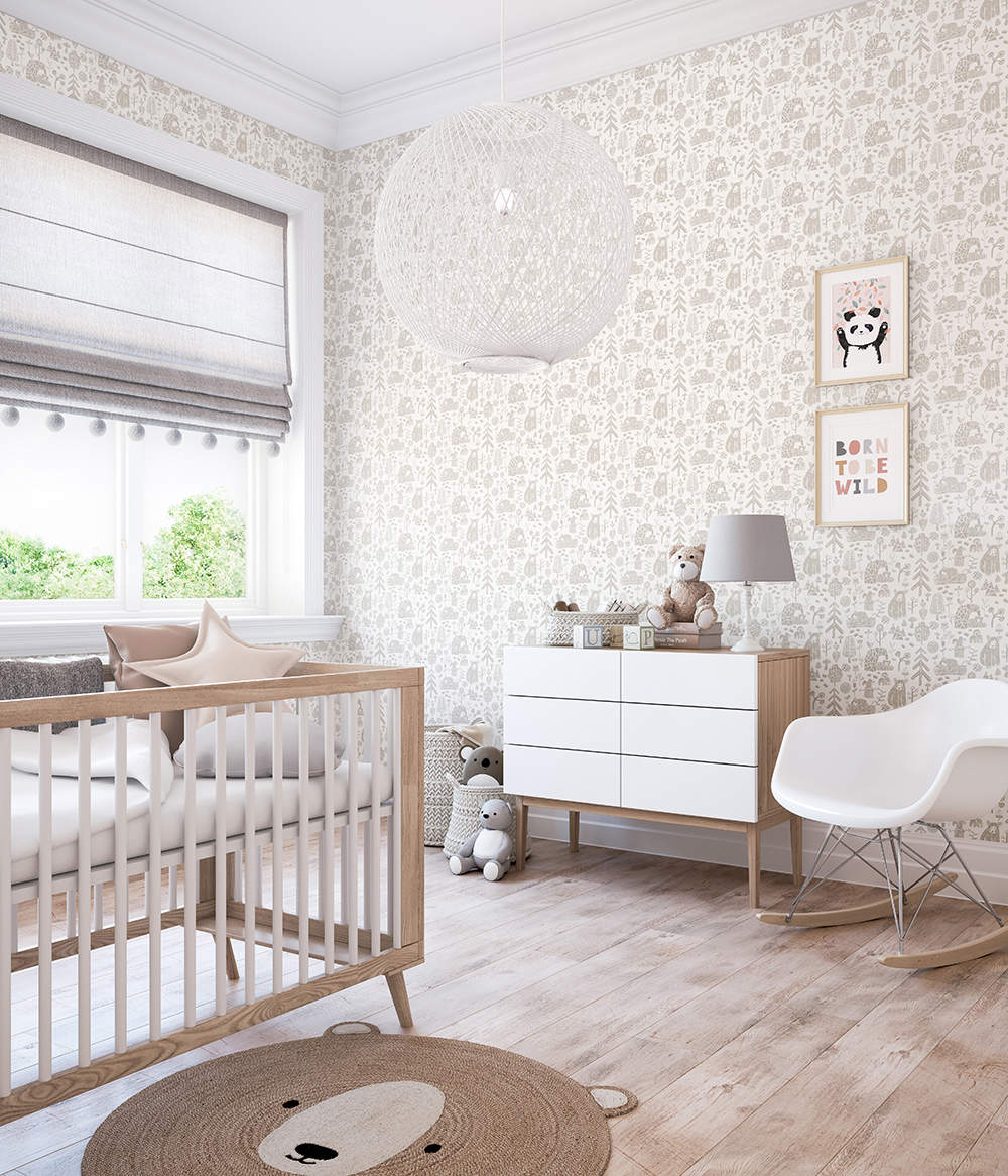 Habitacion de bebé decorada en blanco y madera.