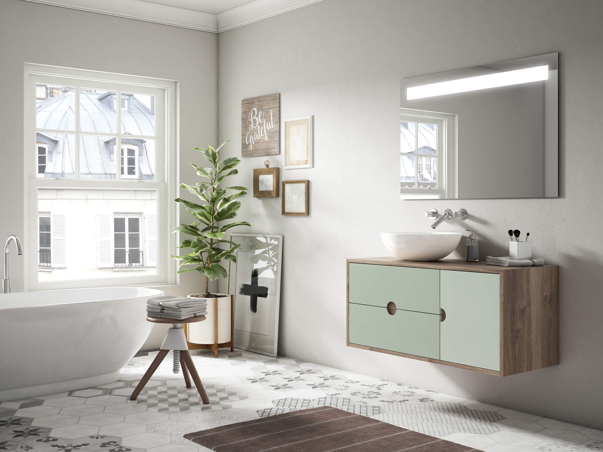 Muebles que combinan tonalidades verdes con madera de Leroy Merlin.