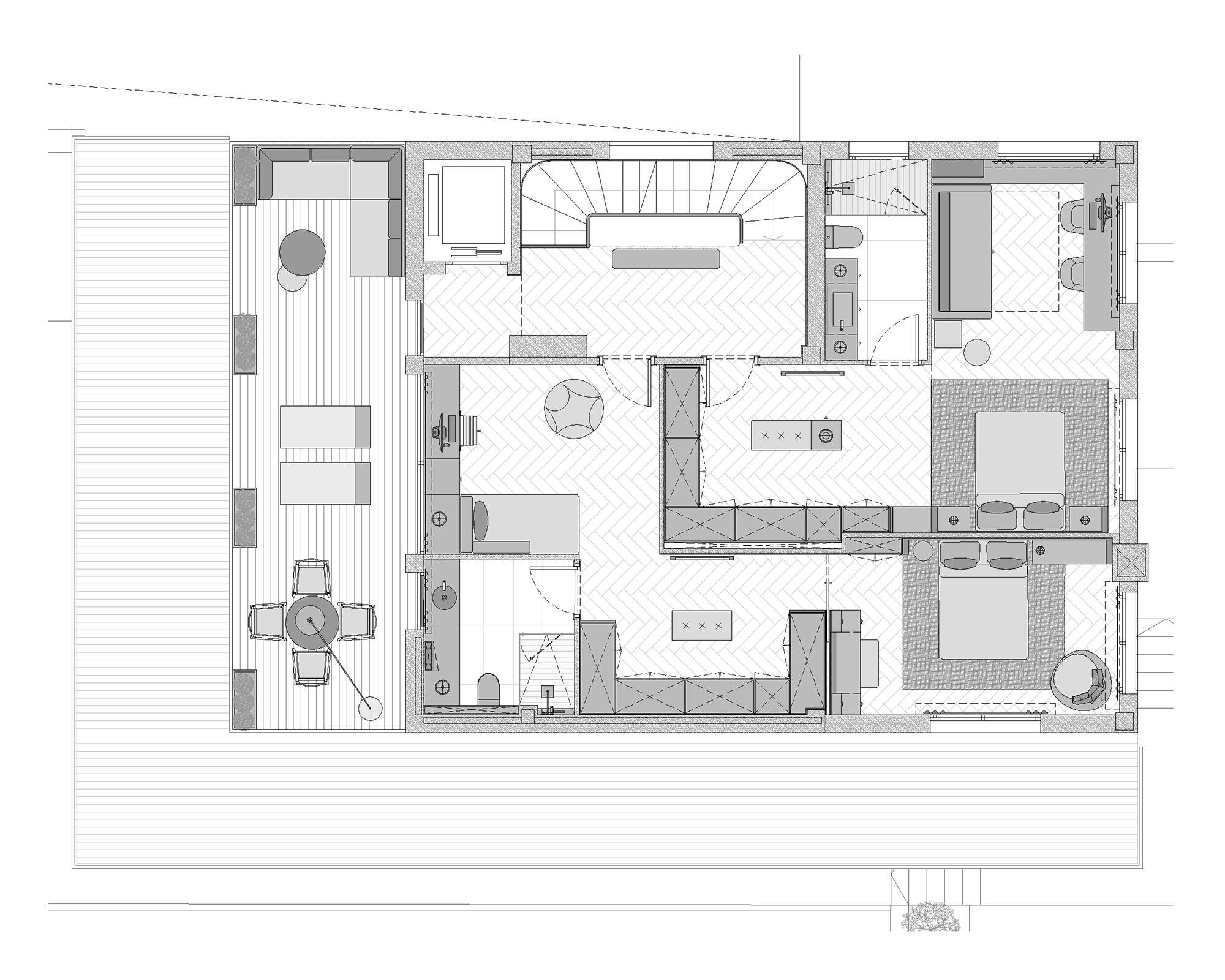 Plano de una planta con dos dormitorios en suite