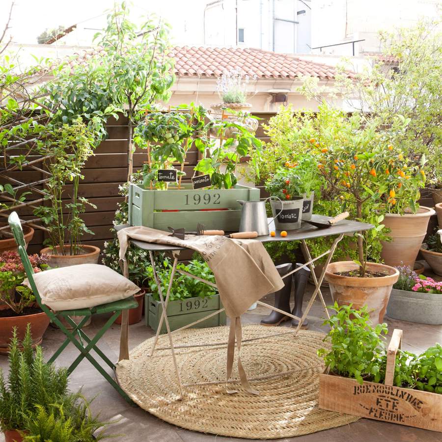 balcon con toldo mesa y sillas de hierro y plantas en macetas 00346744_O