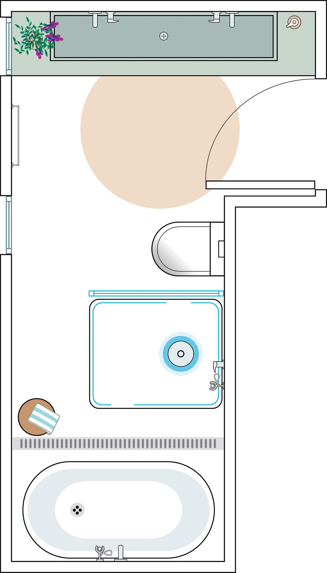 Plano de baño con gran zona de lavabo, bañera exenta y ducha