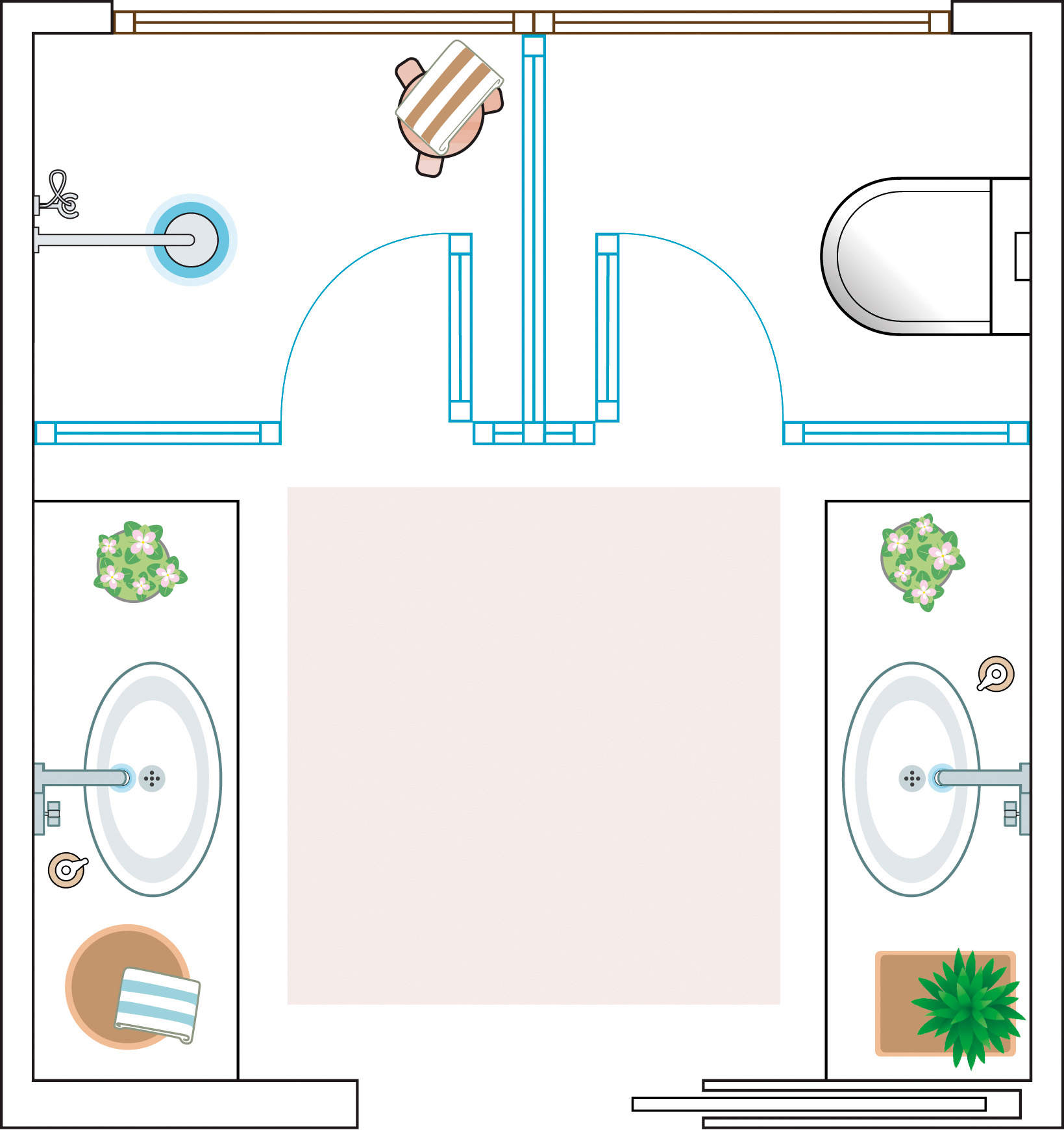 Plano de baño cuadrado con cabinas y dos lavabos enfrentados