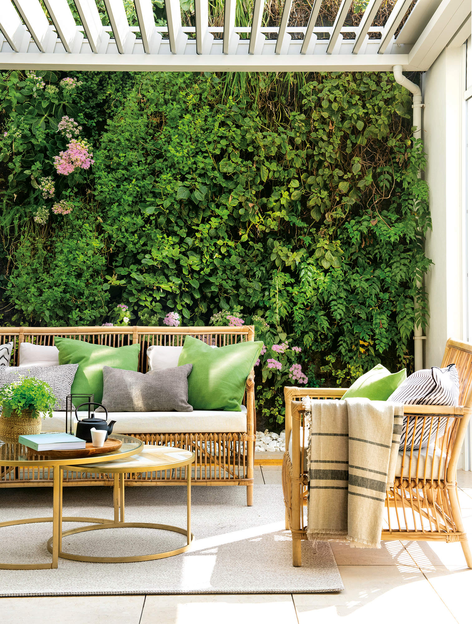 Terraza con muebles de exterior, pérgola y jardín vertical 