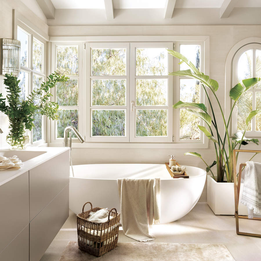 baño grande con bañera externa blanca y mueble de lavabo de dos senos, plantas, suelo de piedra con alfombra beige, gran ventanal