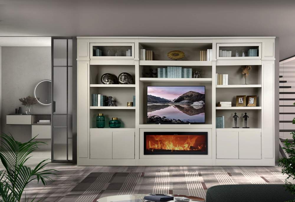 mueble TV con chimenea y  terminales extraibles