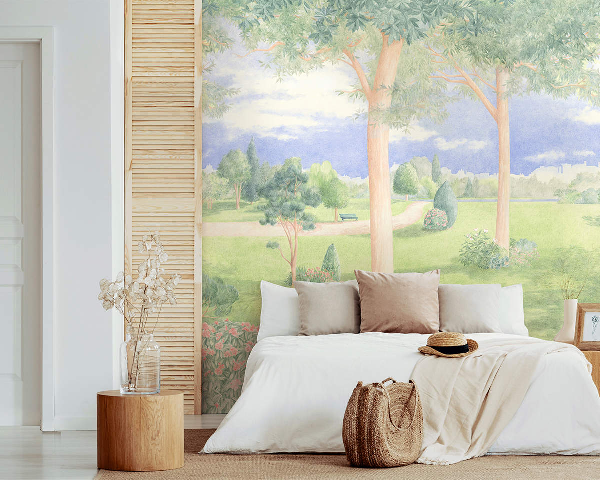Dormitorio con mural pintado de jardín de Les Dominotiers
