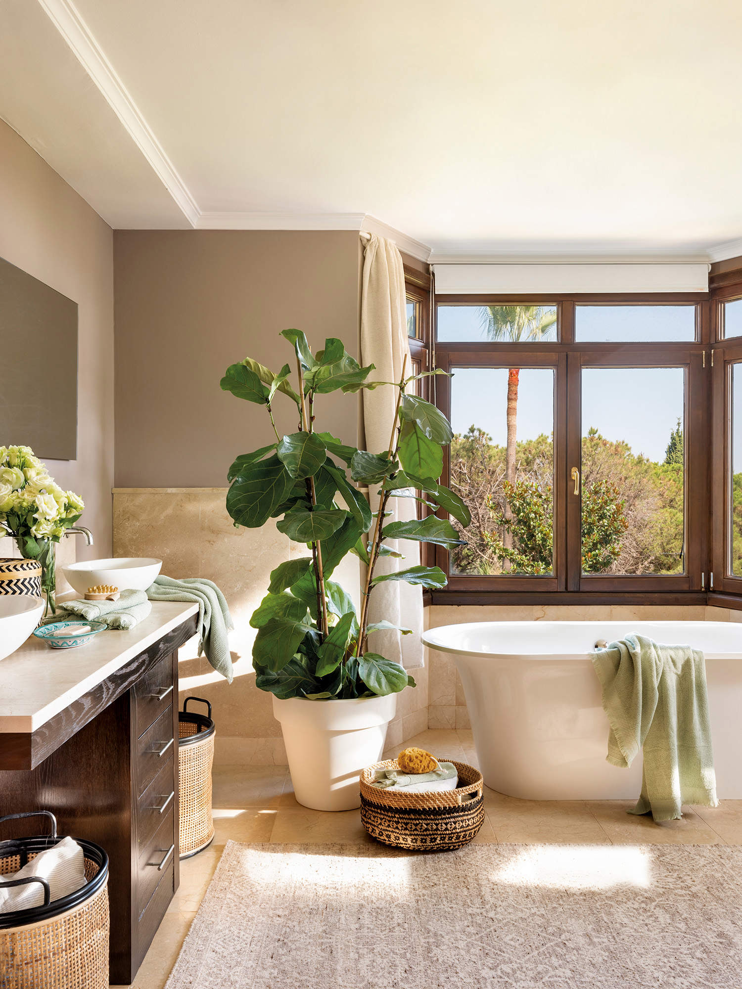 Baño con una gran planta ubicada junto a la bañera exenta