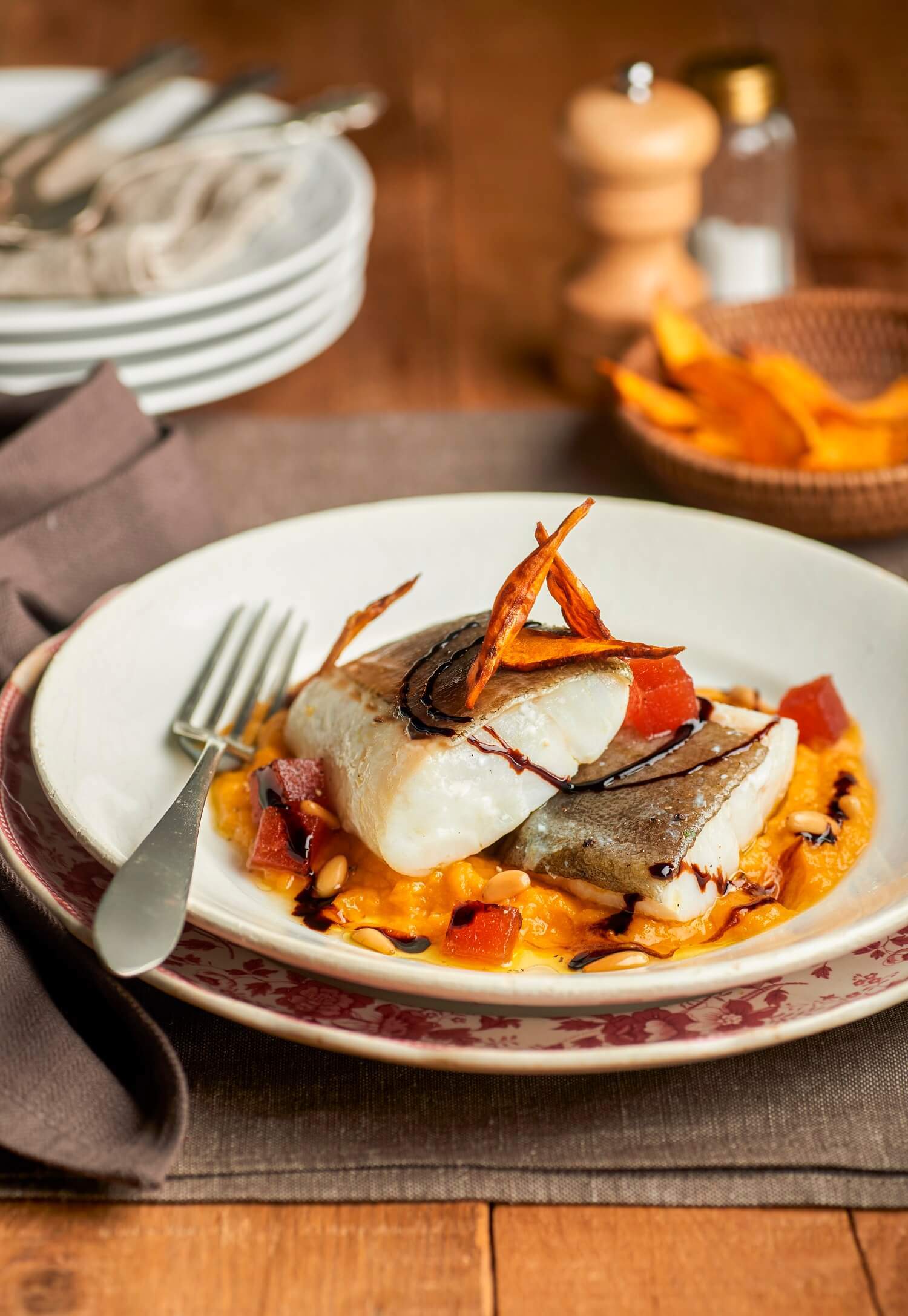 recetas de otoño Bacalao con crema de boniato y membrillo