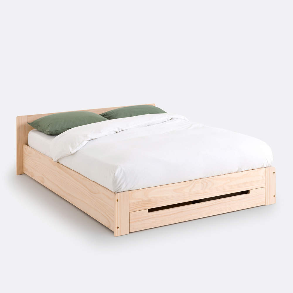 Cama de pino macizo con somier y cajón Crawley