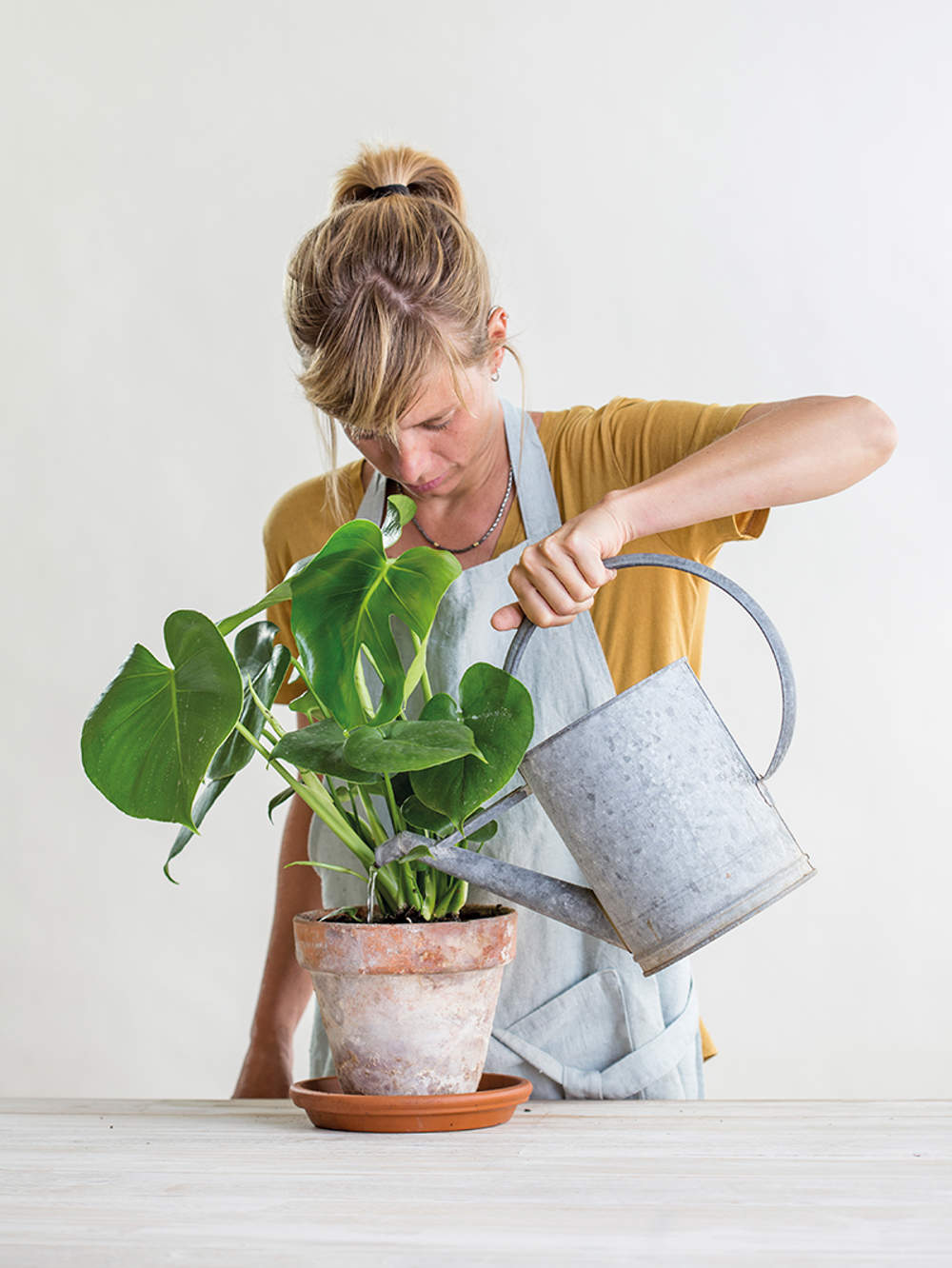 mujer regando maceta barro