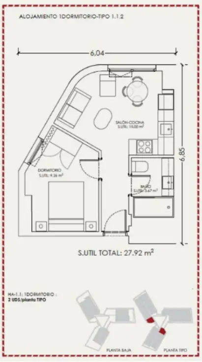 El plano del piso de 27 m2