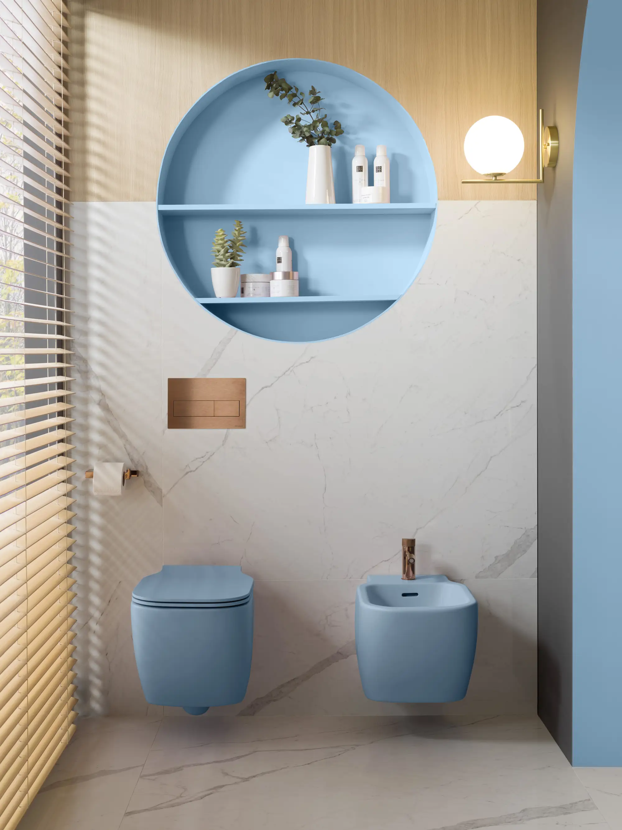 Baño con sanitario y baldas en color azul, de Porcelanosa