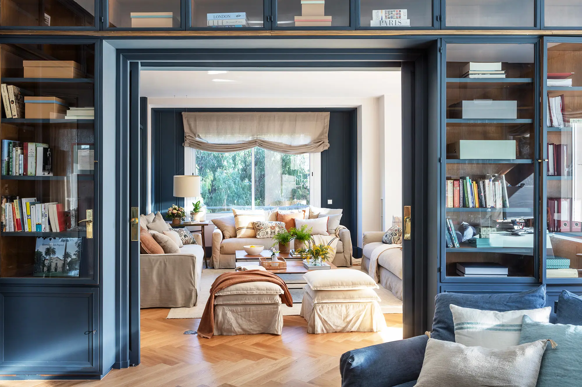 Salón clásico con pared y librería en color azul 00587522