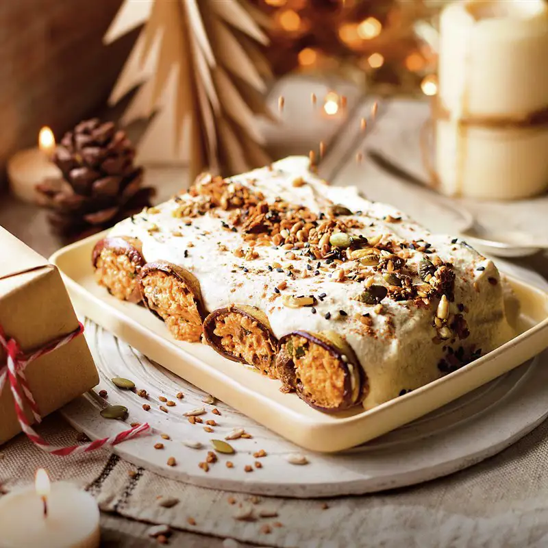 Segundo plato: Canelones de berenjena rellenos de duxelle de setas y proteína de guisante