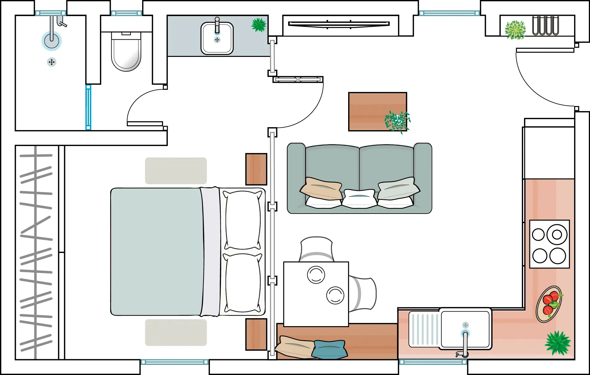 Plano de casa de un apartamento de 32 metros cuadrados