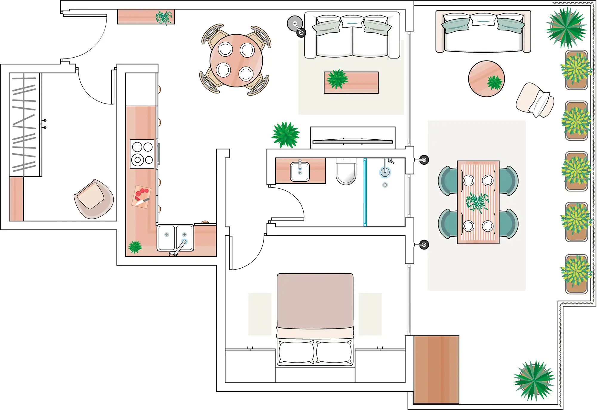 Plano de un piso pequeños de 45 m2 con terraza