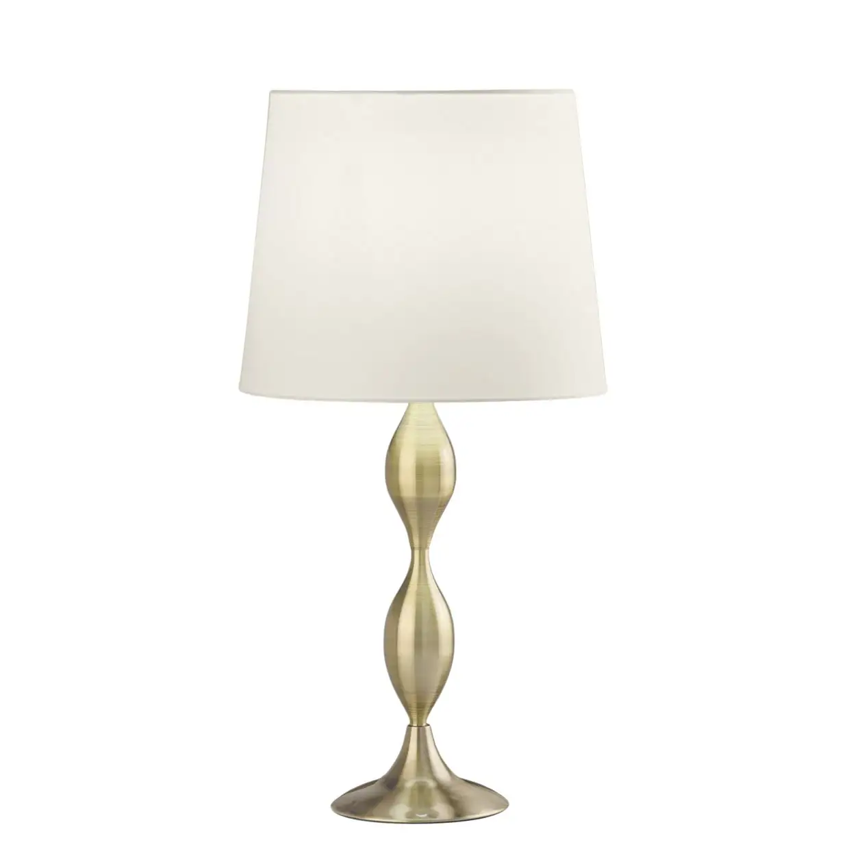 Lámpara de sobremesa con pie dorado y pantalla blanca.