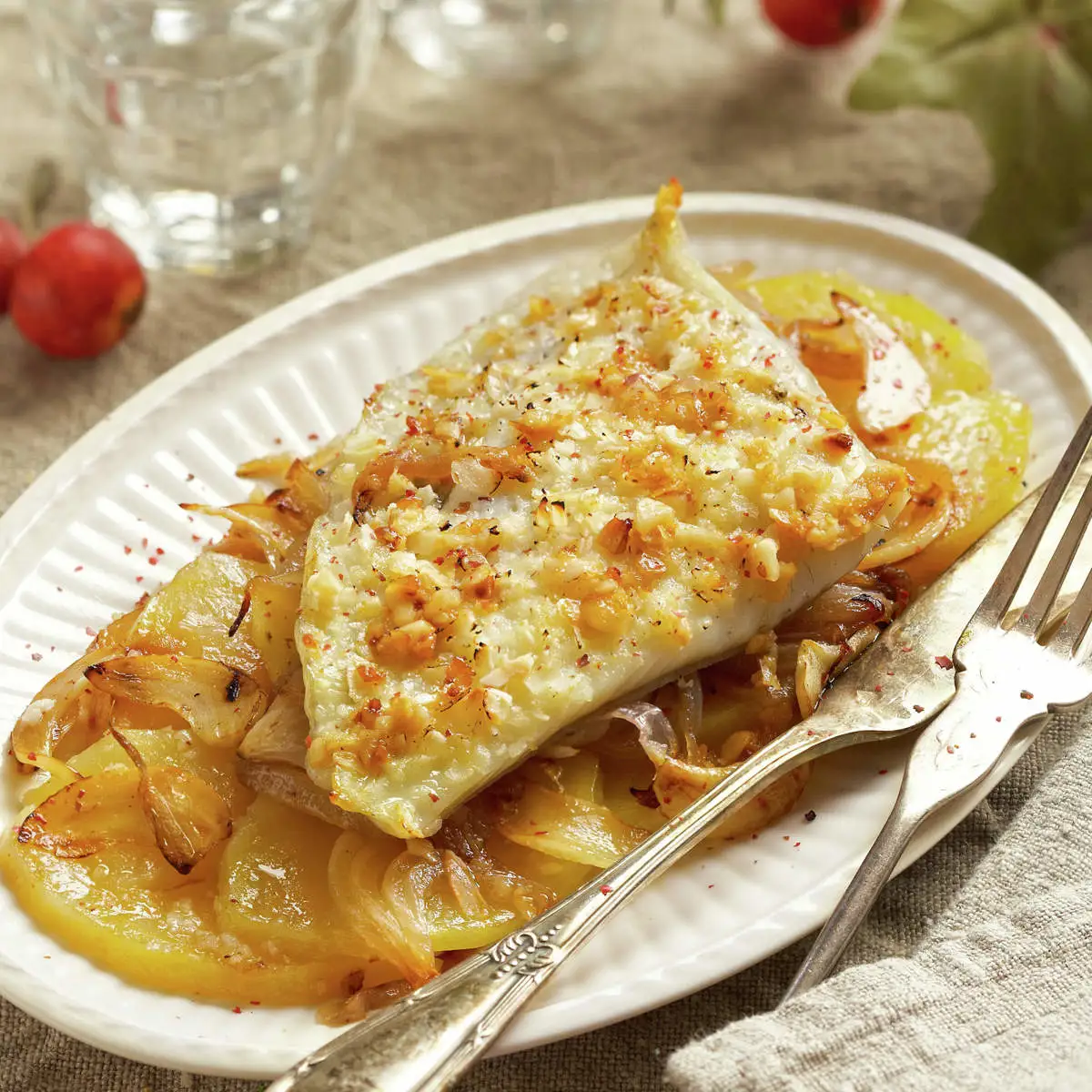 Rodaballo al horno con almendras y patatas panaderas