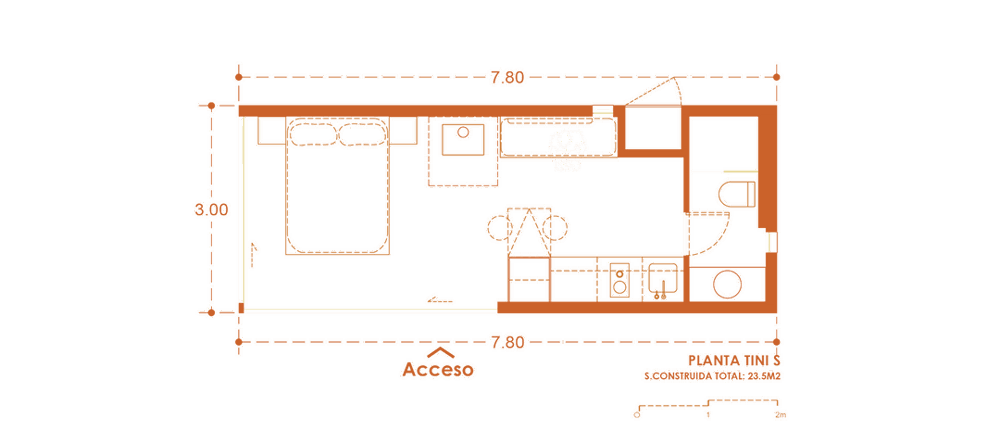 Plano de la minicasa de 20 m2 de Tini Living.