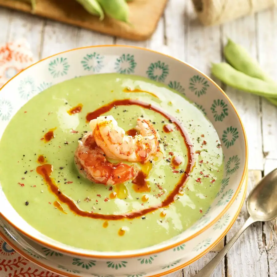 Crema de judias verdes y gambas