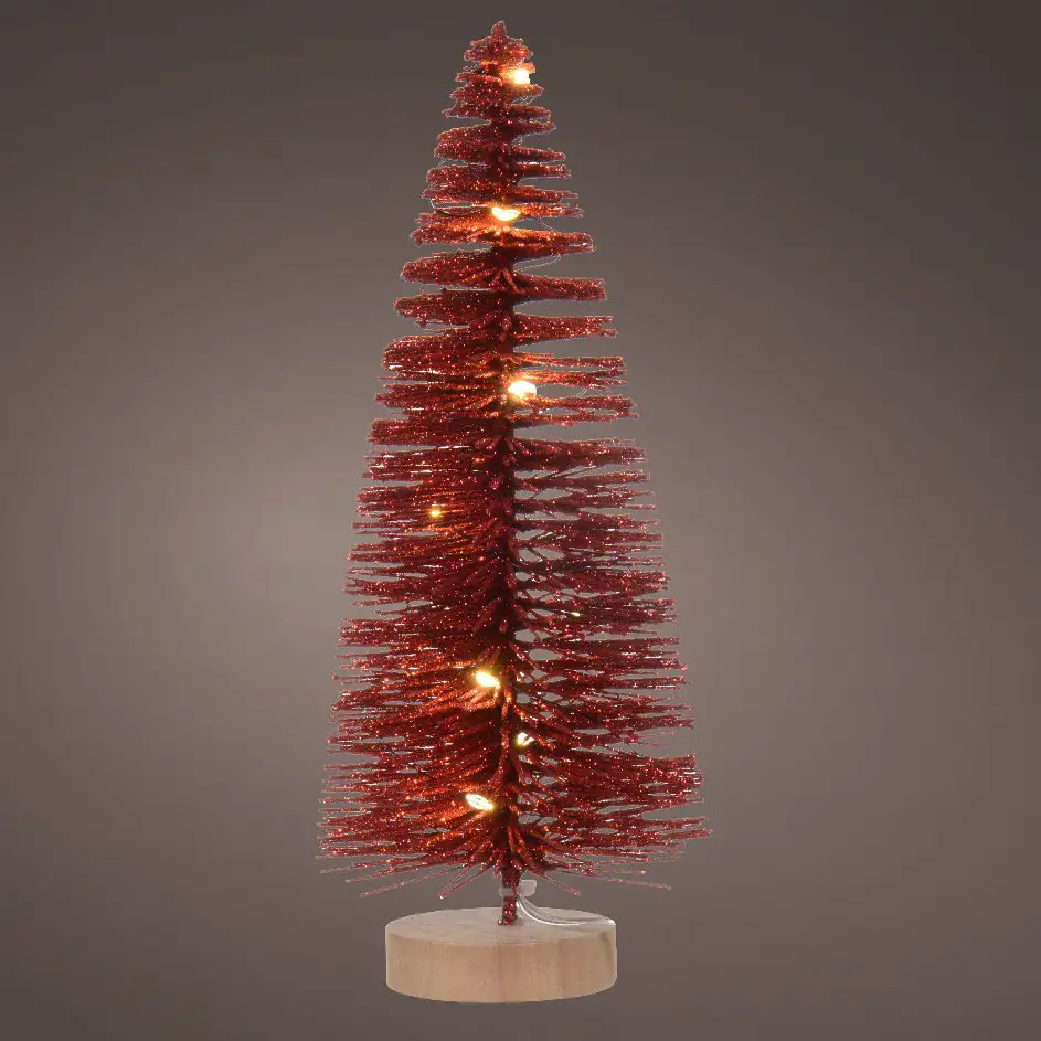 Pequeño árbol de navidad con luces y base de madera