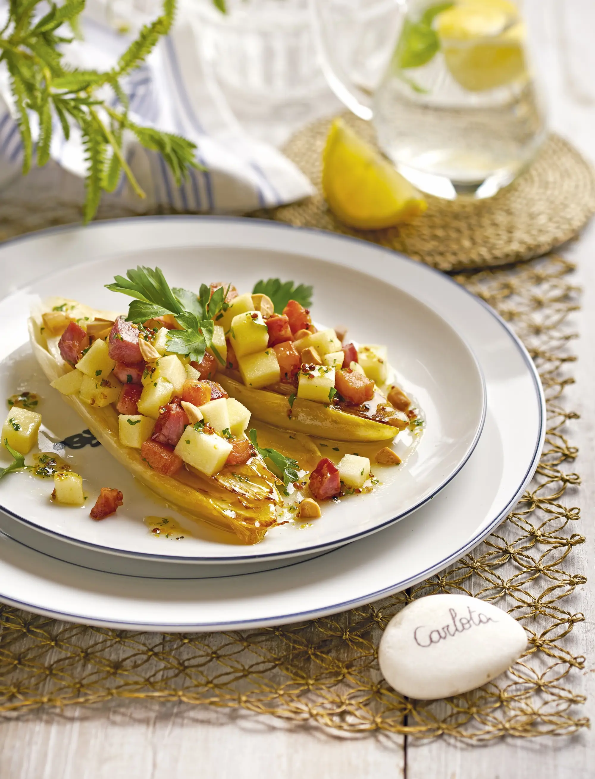 menú semana 5 endivias a la plancha con tartar de manzana y beicon